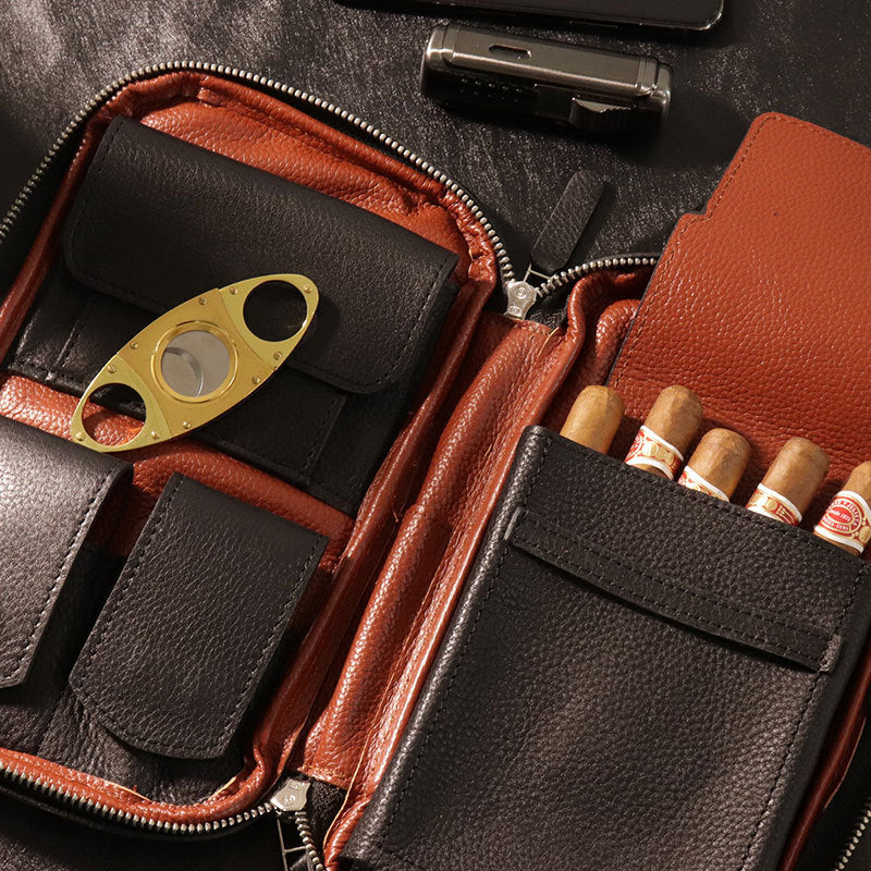Leather Cigar Bag -  Carry-on Travel Portable Moisturizing Cigar Case