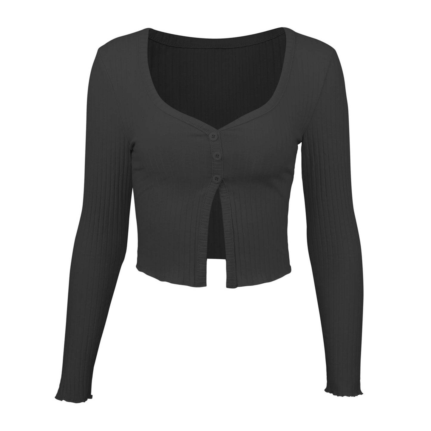 Long Sleeved Crop Cardigan Top - Sexy Button Knit T-shirt