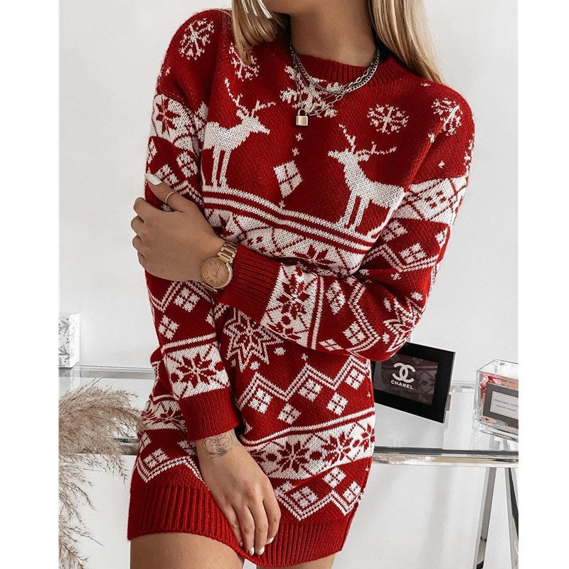 Elk Snowflake Christmas Jacquard Knitted Dress - Long Knitted Sweaters
