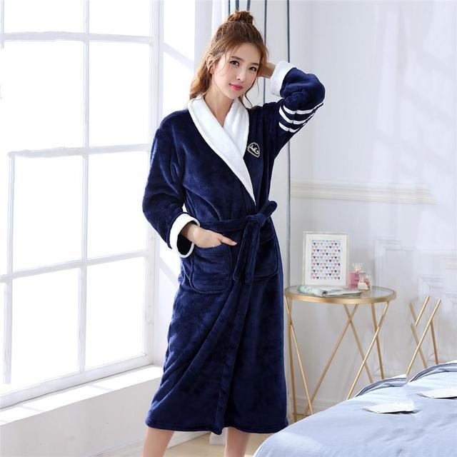 Winter Flannel Lovers Robe Gown - Elegant Solid Casual Sleepwear