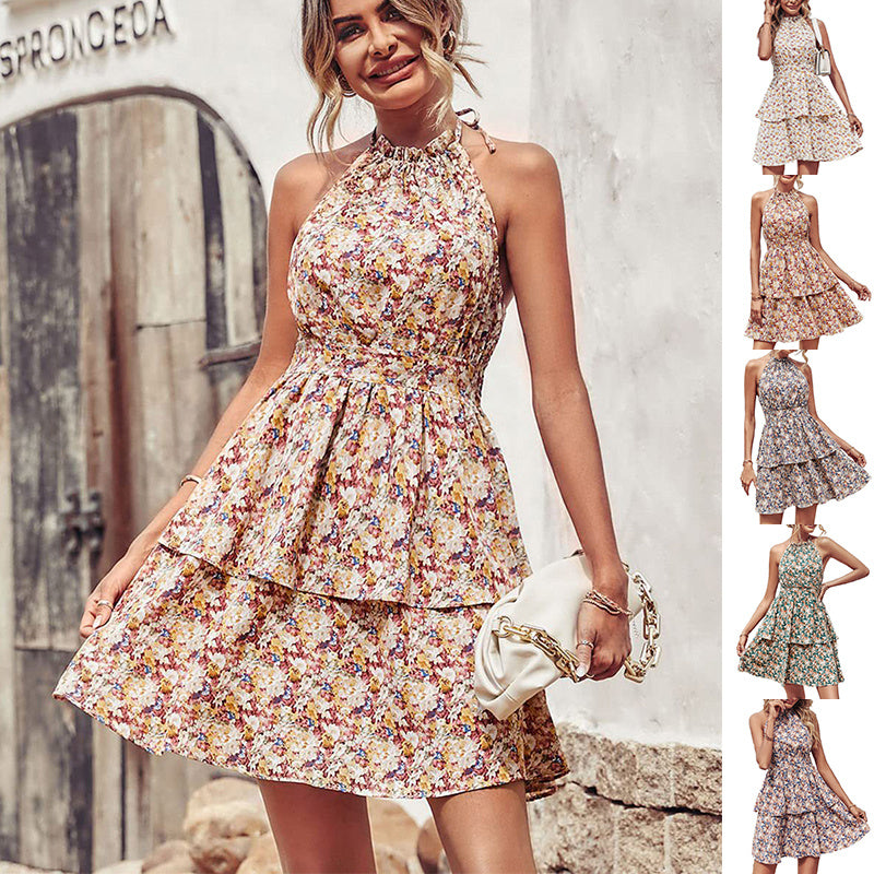Summer Printed Halter Backless Ruffled A-Line Beach Dresses