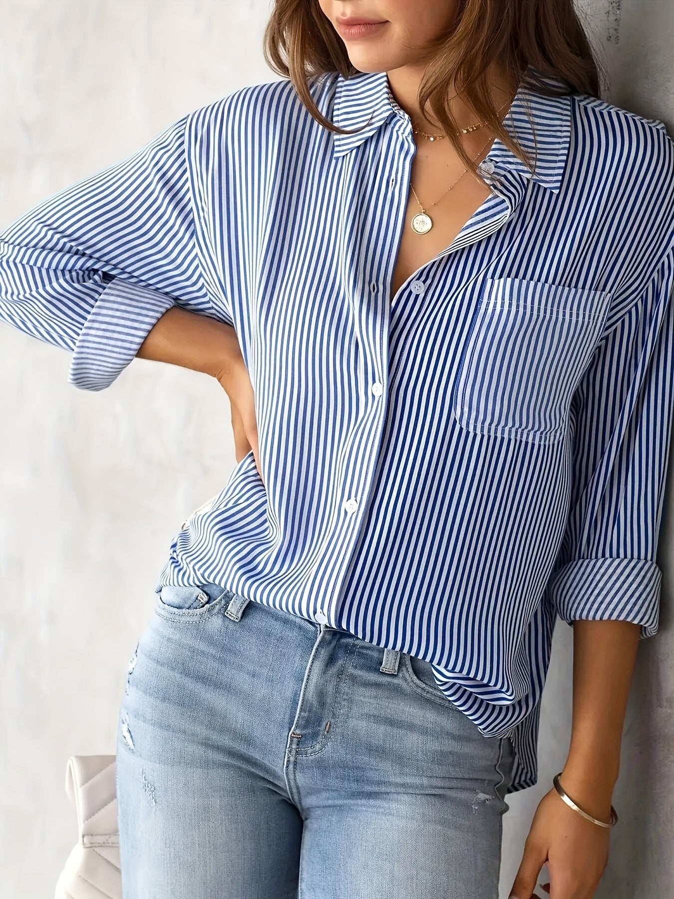 Ladies' Shirt, Classic Striped Print Casual Collar Long Sleeve With Pockets Shirt