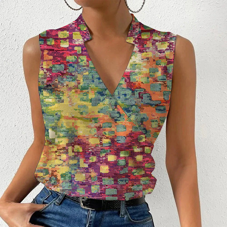Casual Printed Summer V-neck Sleeveless Top - T-shirt Womens Clothing