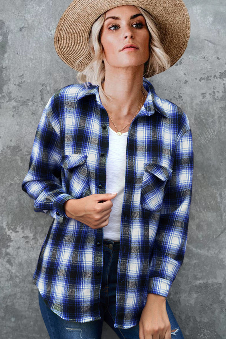 Plaid Spring Mid-length Loose Blouse - Turndown Collar Shirt Clothing