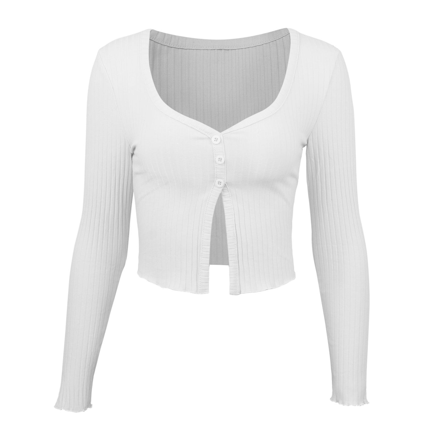 Long Sleeved Crop Cardigan Top - Sexy Button Knit T-shirt