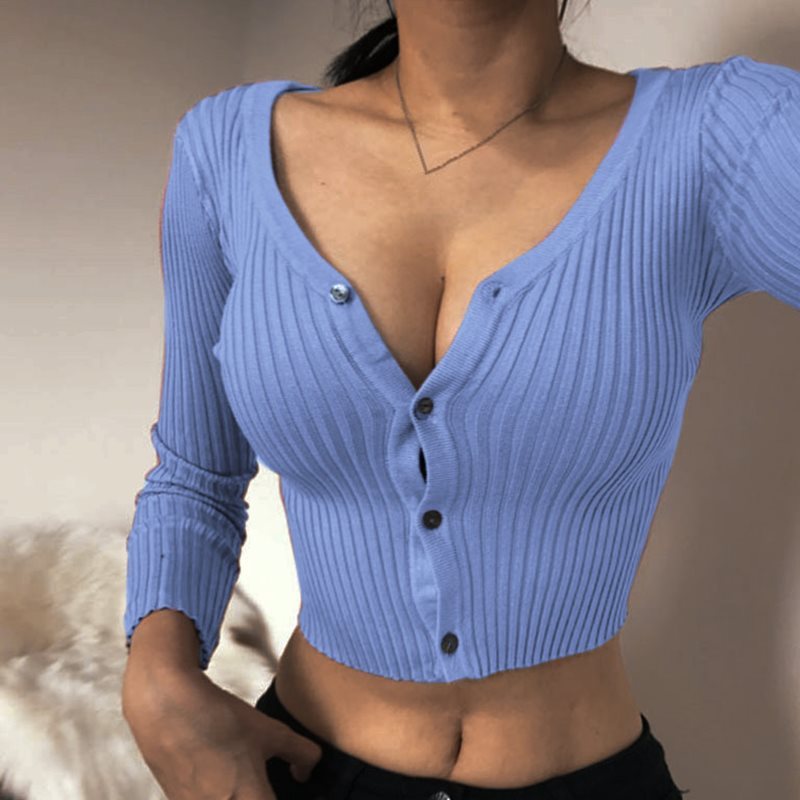 Crop Button Down Sweater Top - Women Cardigan Slim Sweaters