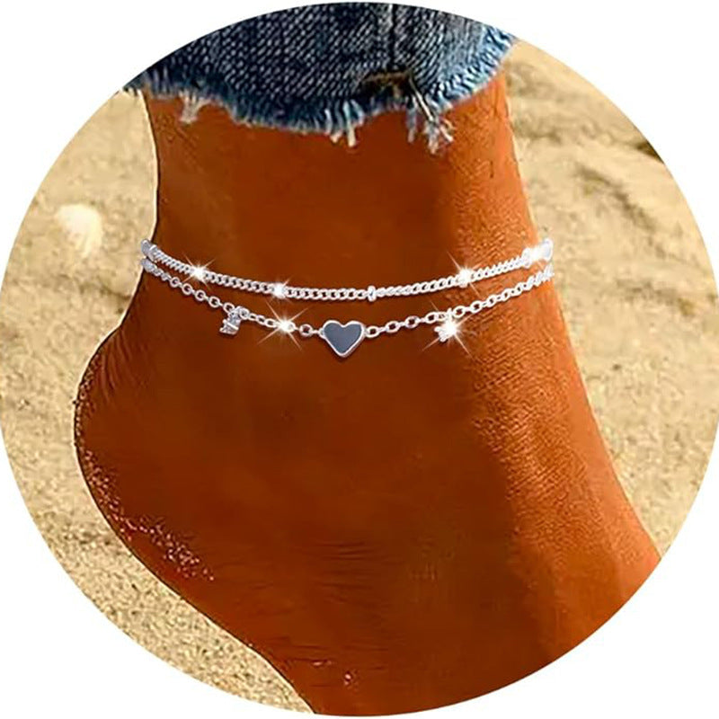 Waterproof Heart-Shaped Zircon Anklet for Women – Elegant Geometric Charm Jewelry