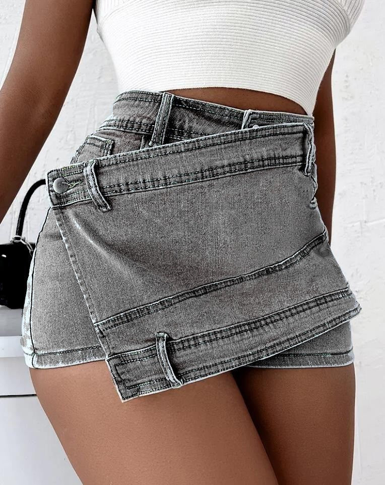 Y2K Street Vintage Denim Shorts - Stretch Overlap Waist Wrap Solid Asymmetrical Hem A-Line Skinny Mini Skorts Skirt