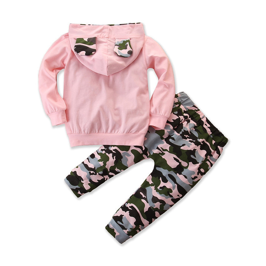 Girls Spring And Autumn Hooded Sweater Small Suit - Female Baby Camouflage 2 Piece Set