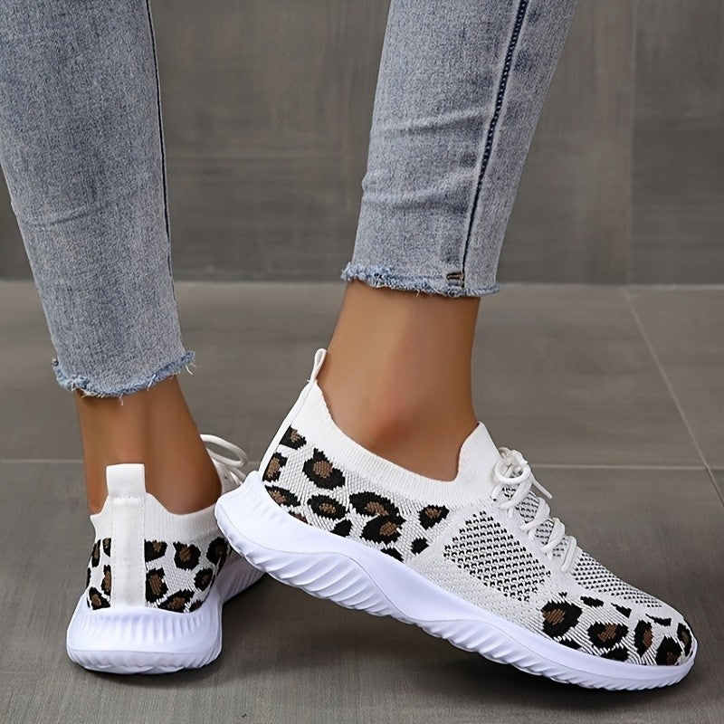White Shoes - Women Leopard Print Lace-up Sneakers