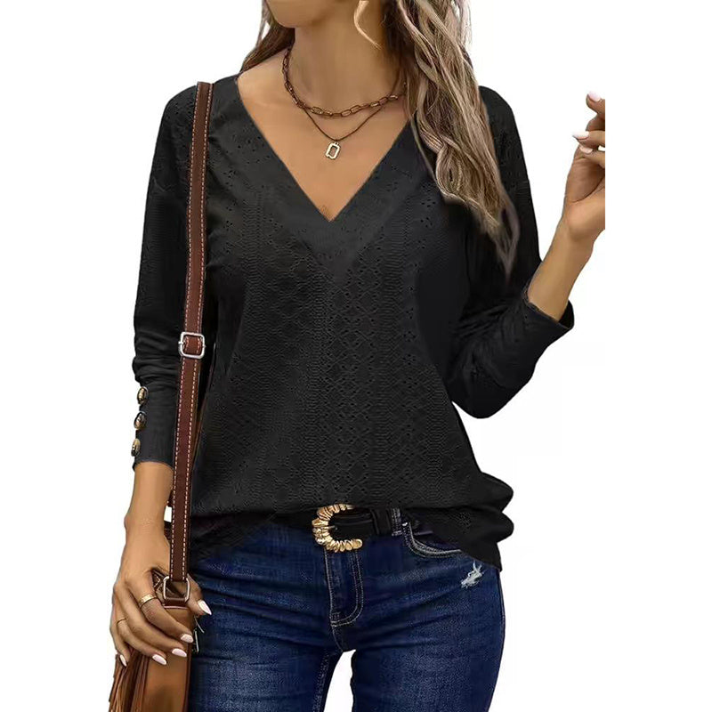 Cute Long Sleeve Eyelet Tops - V Neck Fall Shirts Casual Loose Blouses Trendy Clothes
