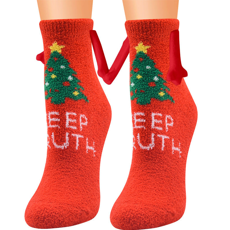 Christmas Supplies Magnetic Suction Hand In Hand Couple Socks - Coral Fleece Tube Socks Warm Slipper Bed Socks Winter Soft Warm Slipper
