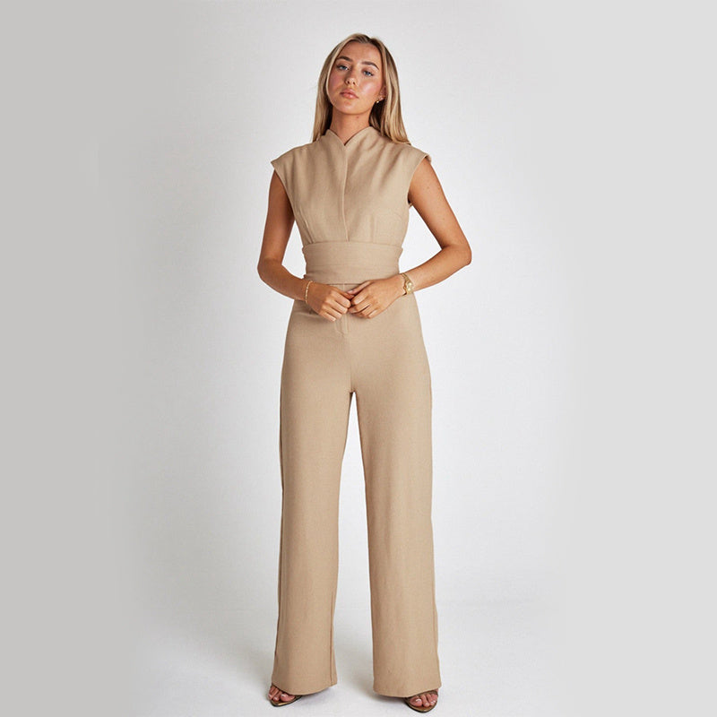 Elegant Long Sleeveless Jumpsuit - Summer V-neck Casual Wide Leg Long Overalls Clothing For Women