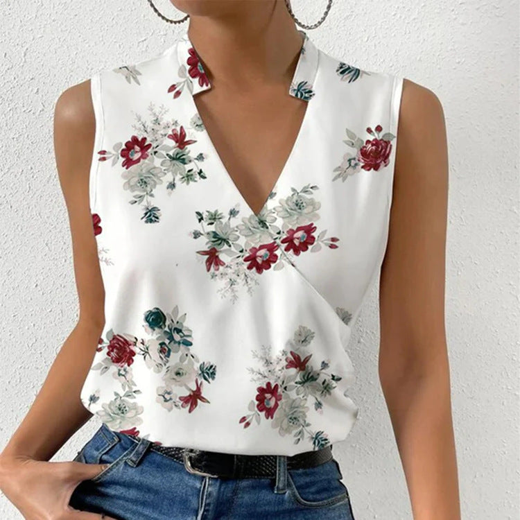 Casual Printed Summer V-neck Sleeveless Top - T-shirt Womens Clothing