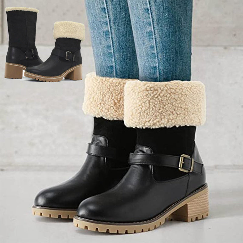 Fashion Boots With Buckle - Chunky Heel Shoes Warm Winter Round Toe Western Boots For Women