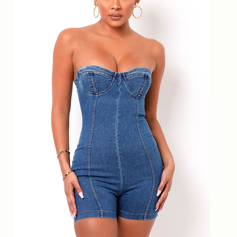 Denim Tube Top Suspender Romper - Jeans Jumpsuit