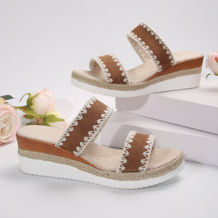 New Hemp Rope Woven Wedge Slippers - Summer Ethnic Style Sandals Double Wide Strappy Shoes For Women