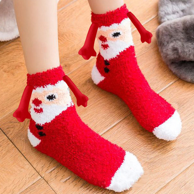Christmas Supplies Magnetic Suction Hand In Hand Couple Socks - Coral Fleece Tube Socks Warm Slipper Bed Socks Winter Soft Warm Slipper