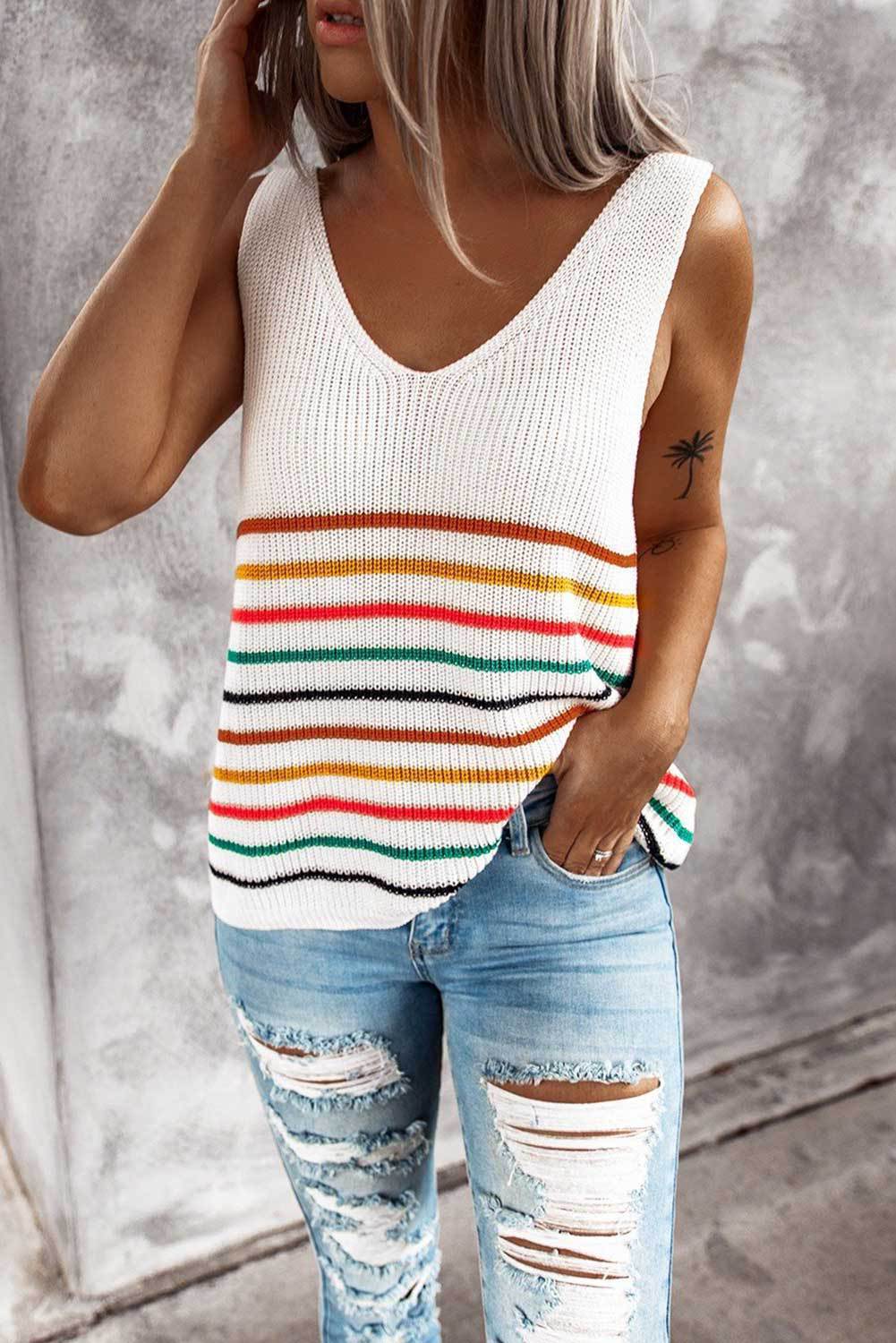 knitted sleeveless Summer Colorful Striped Blouse