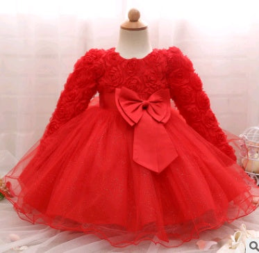 Long-Sleeved Girls Rose Dress - Children's Wedding Dress
