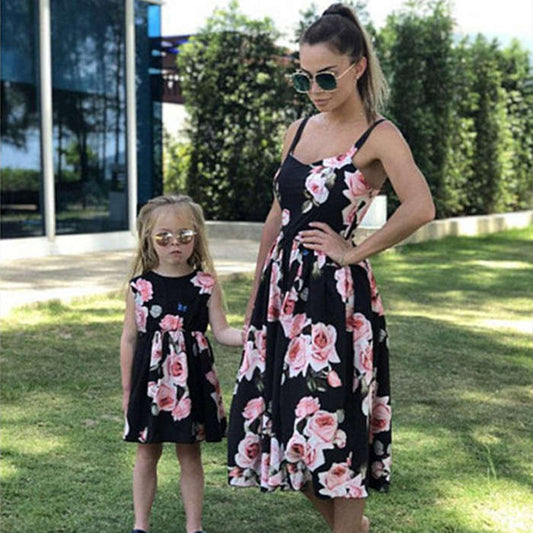Floral Summer Printed Sling Sleeveless Parent-Child Dress