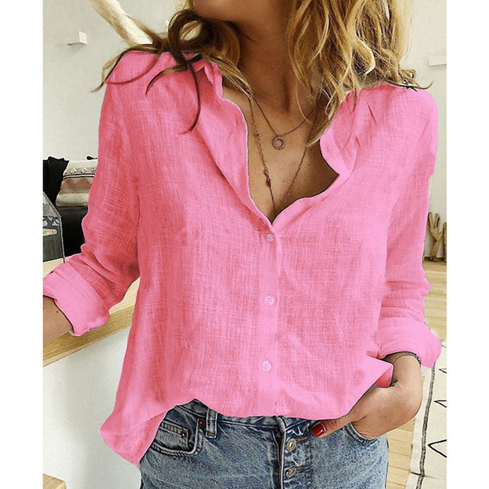 Loose Button Lapel Cardigan Top - Long Sleeve Shirt Women Blouses