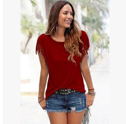 Round Neck Short Sleeve Cuffs Tassel T-shirt