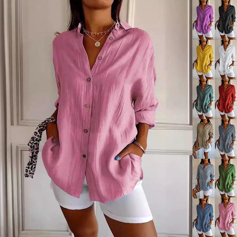 Lapel Long Sleeve Shirt - Women's Single-breasted Pleated Shirt