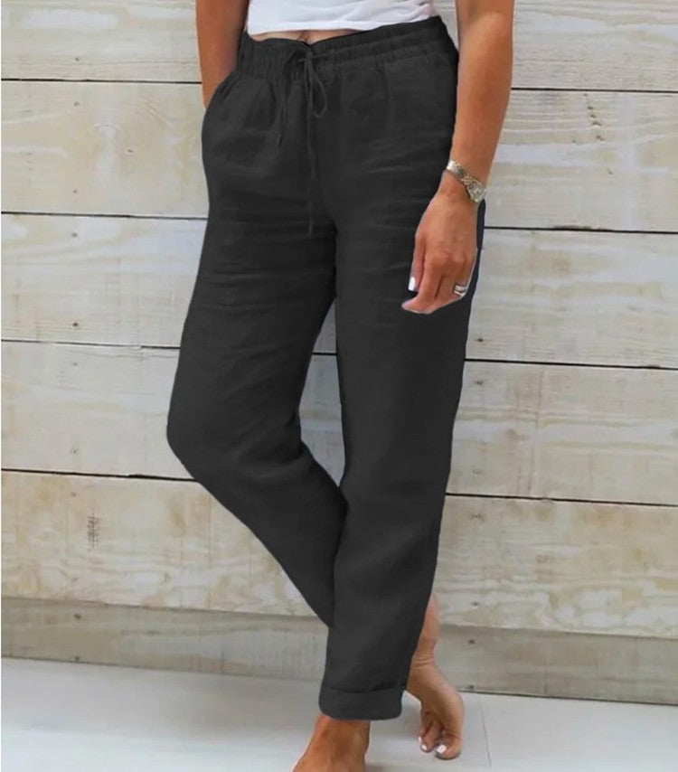 Cotton And Linen Women's High Waist Elastic Pant - Waist Solid Color Cotton And Linen Casual Pants