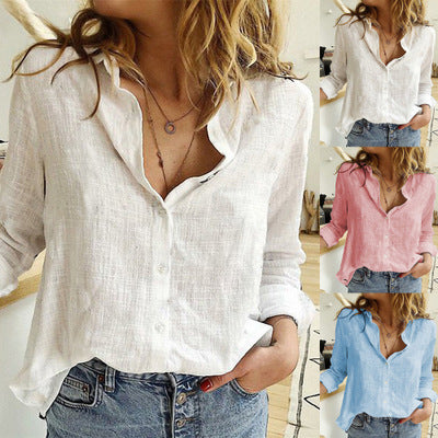 Loose Button Lapel Cardigan Top - Long Sleeve Shirt Women Blouses