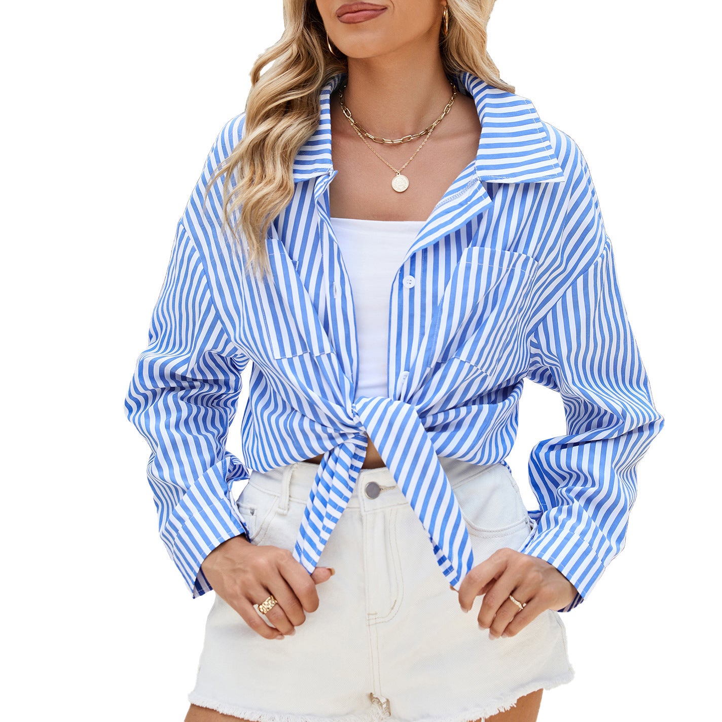 Fashion Striped Long Sleeve Shirt With Pockets - Casual Loose Single-breasted Button Top Women Clothing