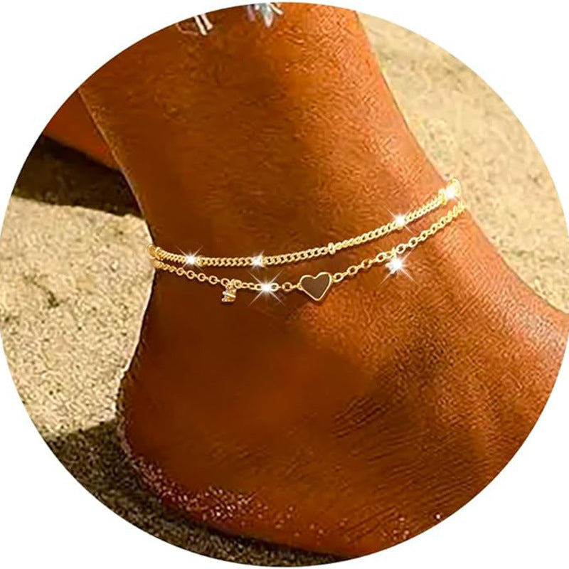 Waterproof Heart-Shaped Zircon Anklet for Women – Elegant Geometric Charm Jewelry
