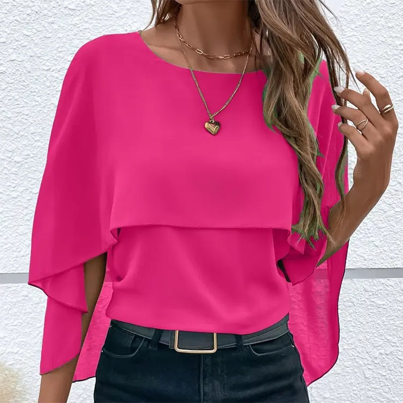 Women's Summer Chiffon Blouse - Casual Scoop Neck Cape Sleeve Tunic Tops Shirts