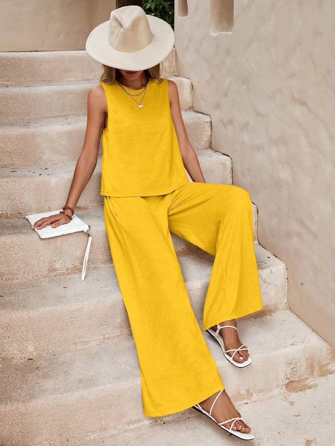 Solid Color Casual Loose Pants Sets For Women - Elegant Spring Summer Women's Two Pieces Suit Full Trouser Set Female Outfit Clothes