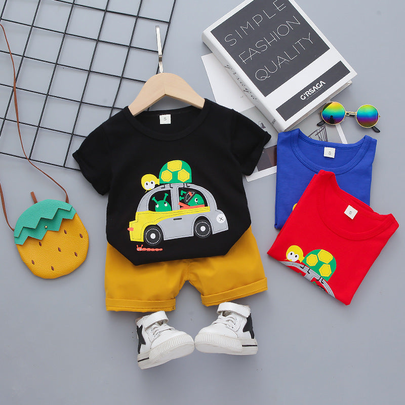 Trendy Kids’ Cartoon Outfit – Stylish & Comfy Summer Set!  Boys Kids Children's Short Sleeve T-shirt Shorts Korean Suit - JumoShop