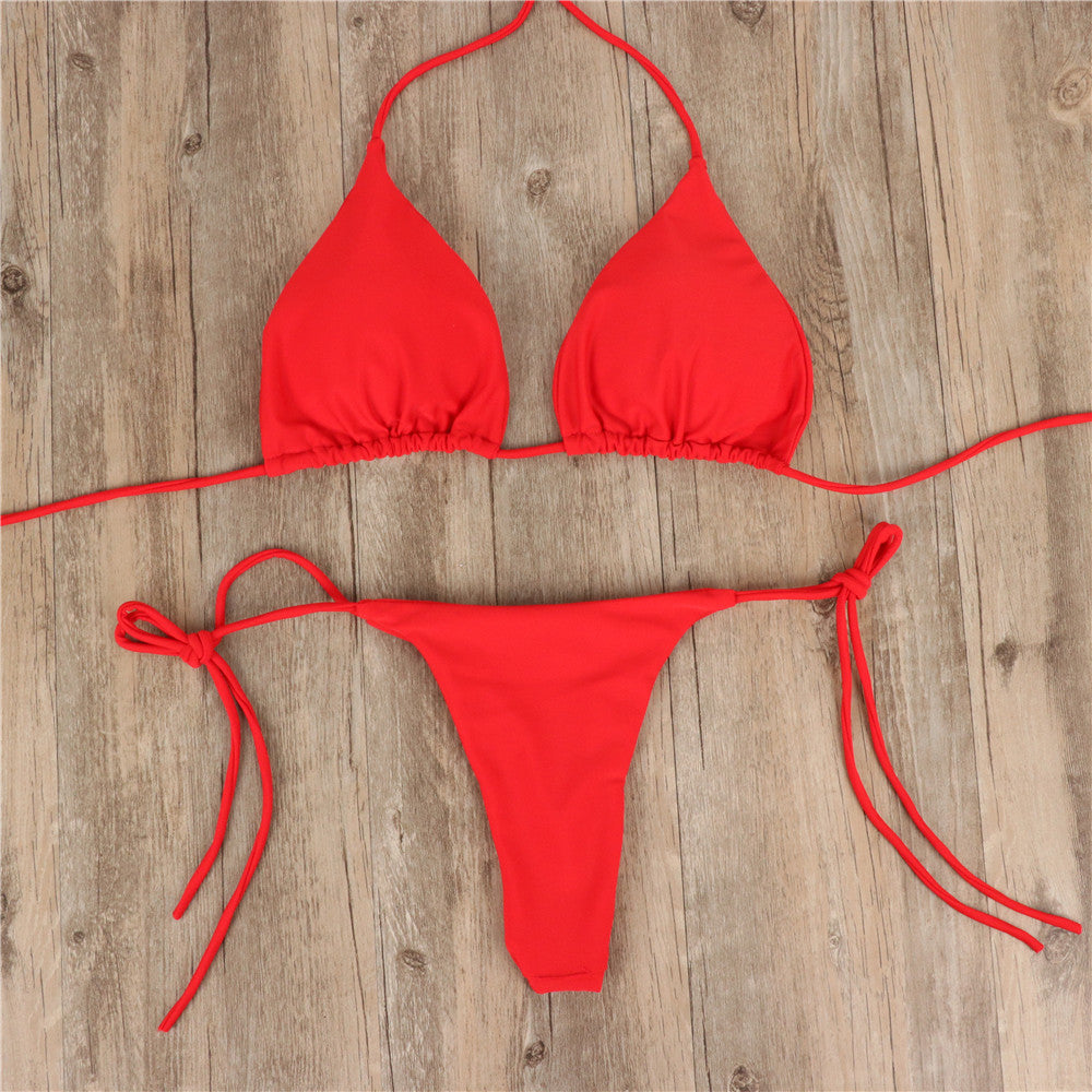 2pcs Halterneck Lace-up Bikini - Women Summer Solid Color Sexy Split Strap, Adjustable Swimsuit Suit