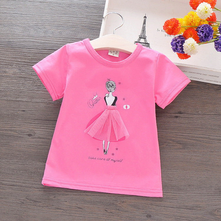 Solid Color Girl Printed T-Shirt - Summer Korean children's wear children's short-sleeved cotton T-shirt cartoon girls shirt small girl half-sleeved shirt