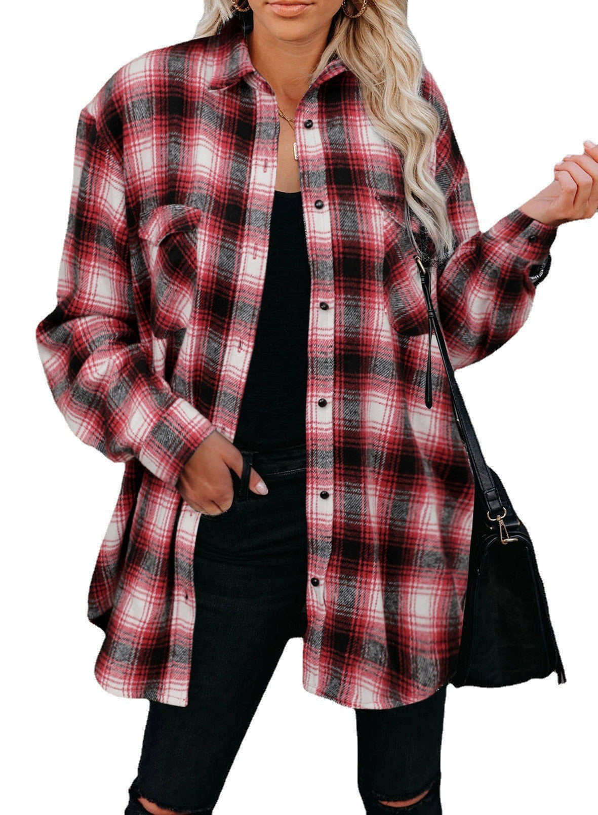 Plaid Spring Mid-length Loose Blouse - Turndown Collar Shirt Clothing