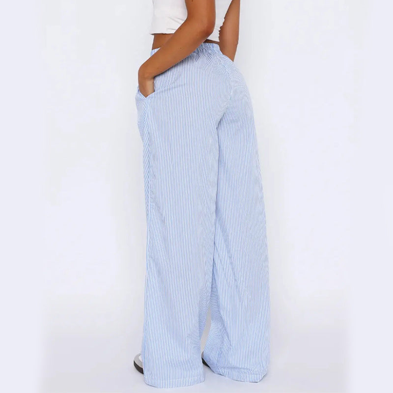 Striped Wide Leg Straight Pants With Pockets