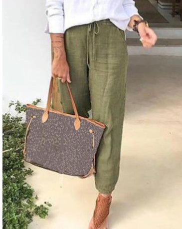 Cotton And Linen Women's High Waist Elastic Pant - Waist Solid Color Cotton And Linen Casual Pants