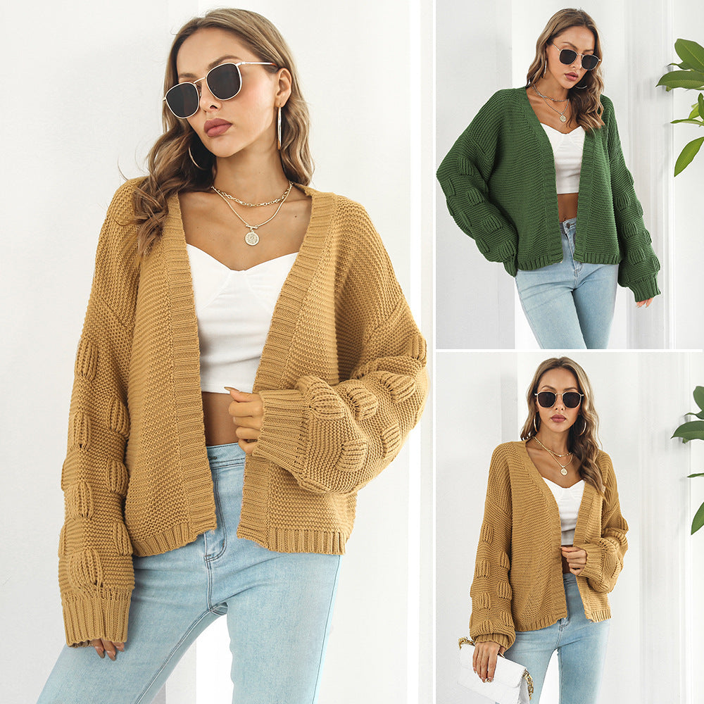 Puff Sleeve Cardigan Sweater - Women Clothes Front Chunky Knitwear Coat