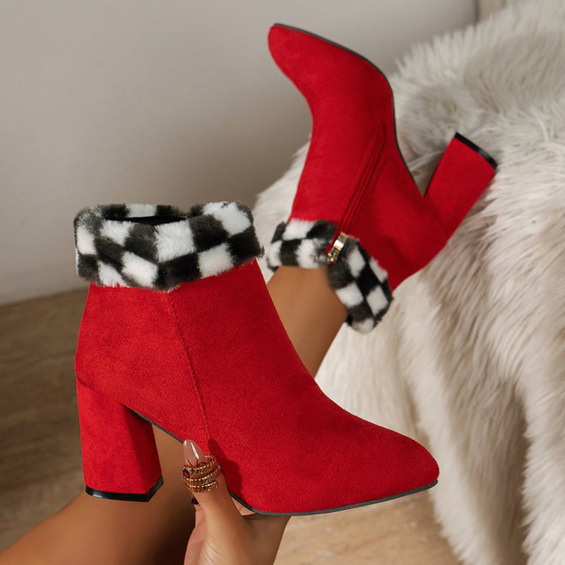 New Plaid Print Plush Ankle Boots - Winter Fashion Square Heel Suede Boots Women Casual Versatile Shoes Autumn And Winter