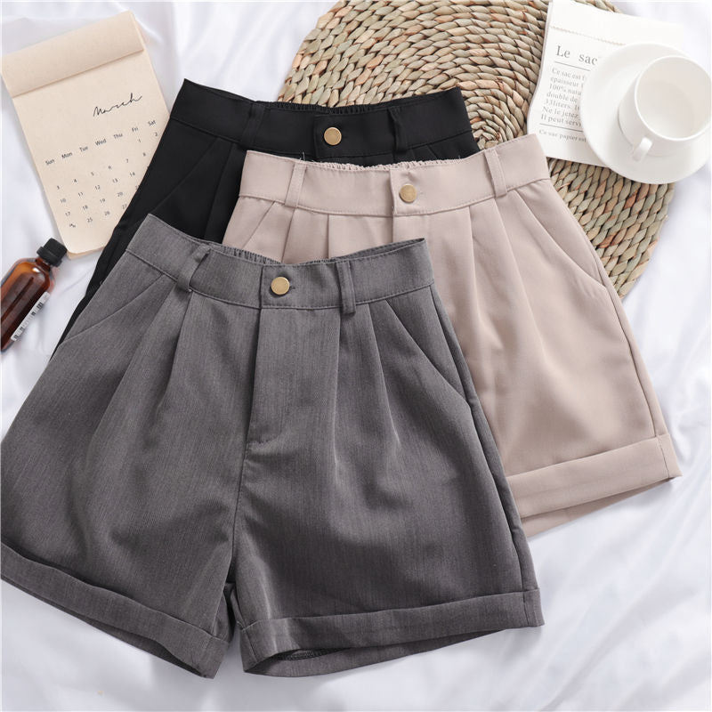Solid Color Roll-up Wide-leg Casual Shorts