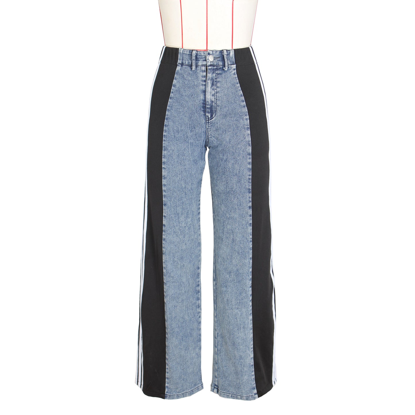 Stylish High Waist Elastic Baggy Pant -  Three Stripe Patchwork Denim Wide Leg Pants Streetwear