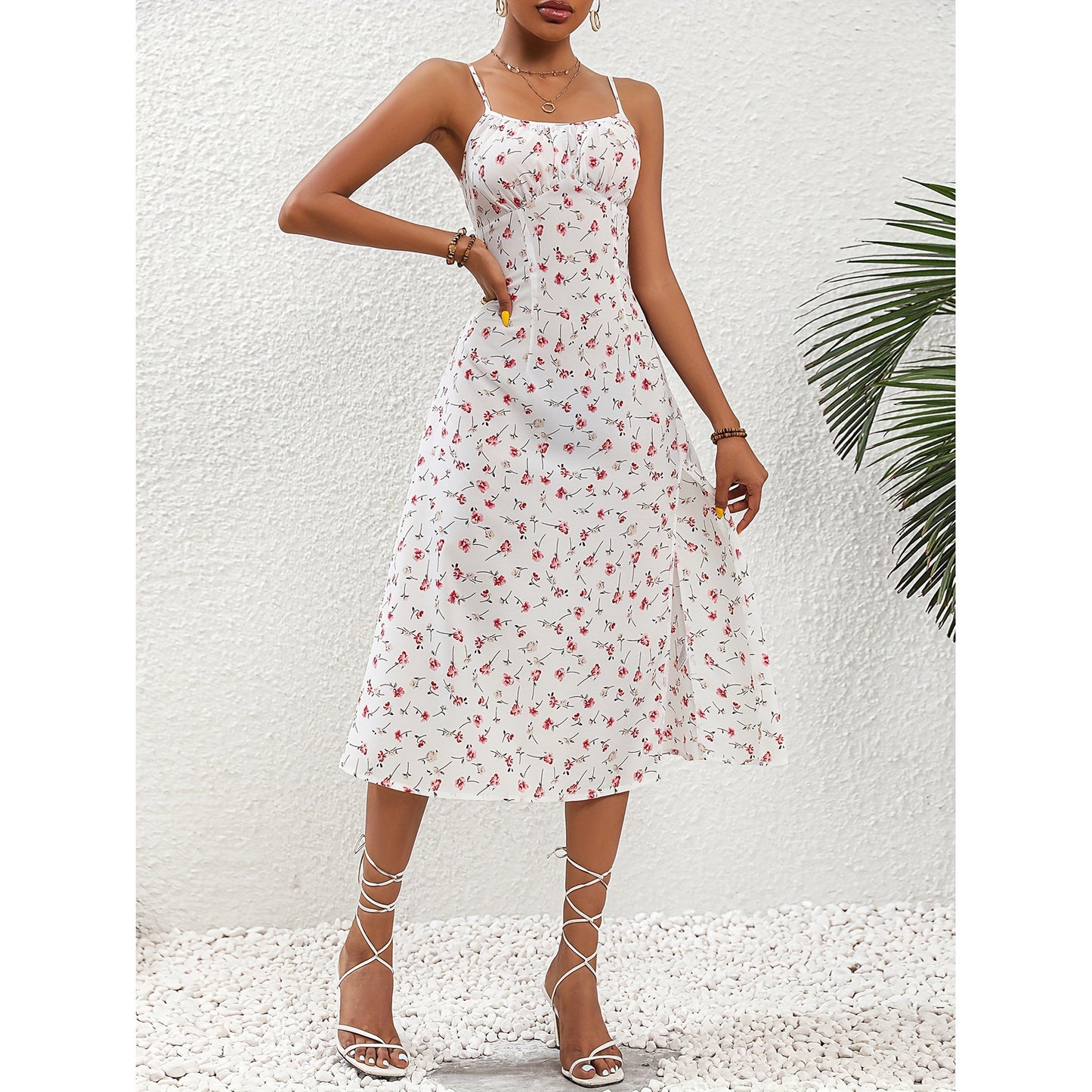 👗Polka Dot Print Suspender Dress – Summer Slit Maxi Dress for Women