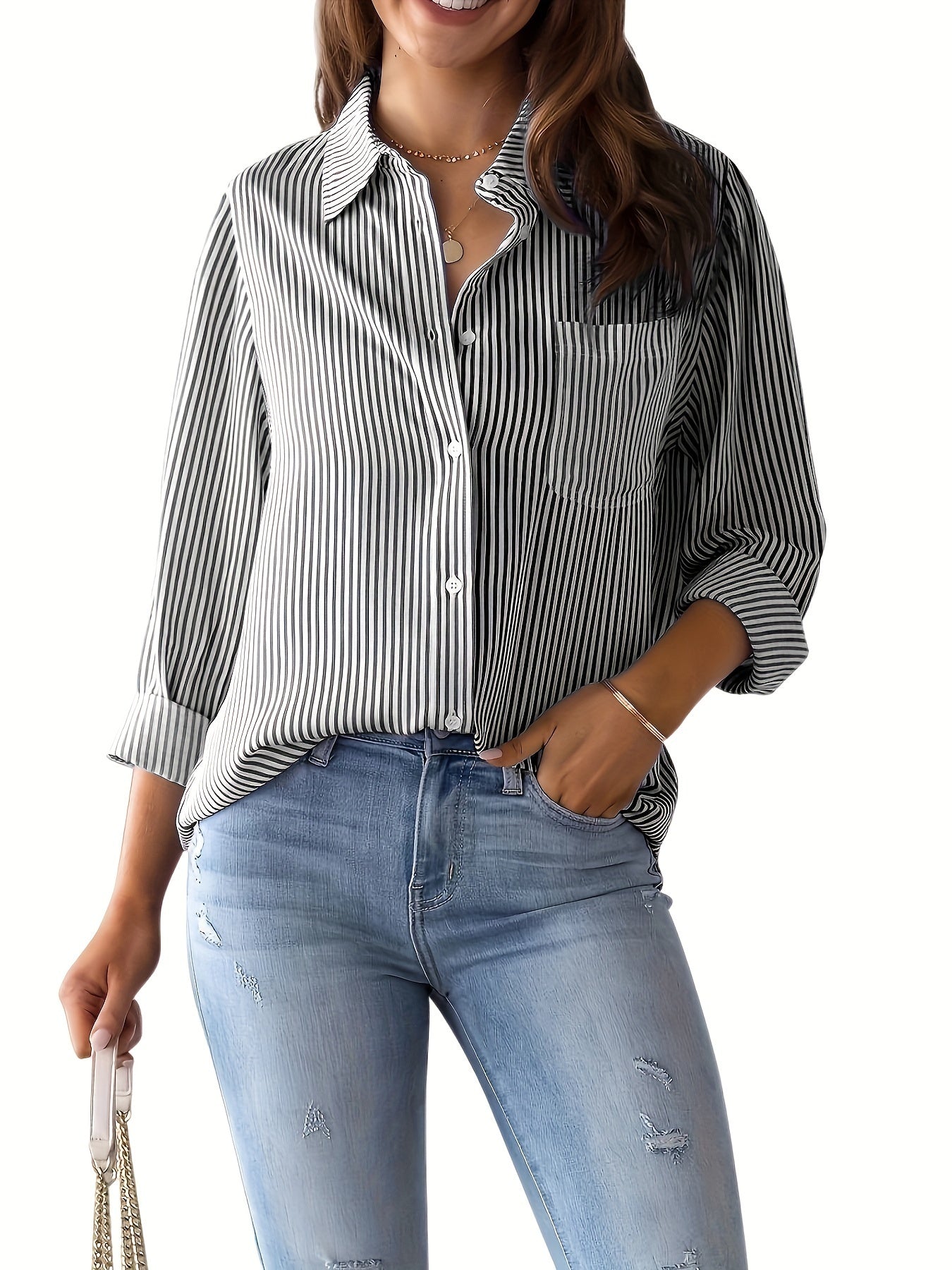 Ladies' Shirt, Classic Striped Print Casual Collar Long Sleeve With Pockets Shirt