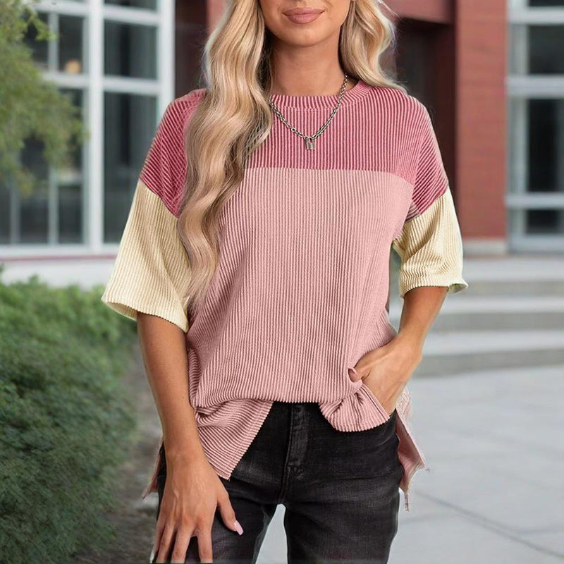 Women's Color Block Casual T-Shirt Short Sleeve Crew Neck Loose T-Shirt Top