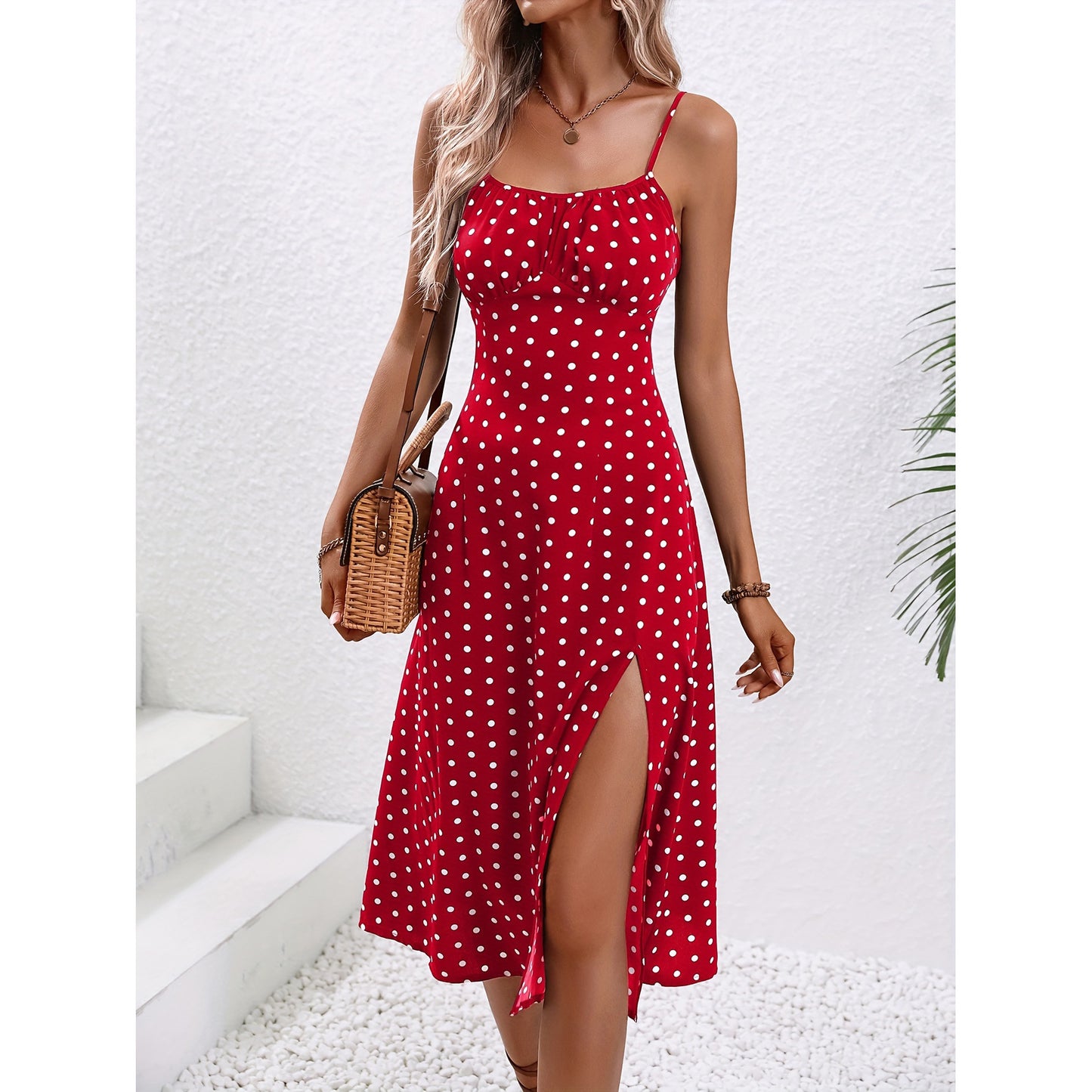 👗Polka Dot Print Suspender Dress – Summer Slit Maxi Dress for Women