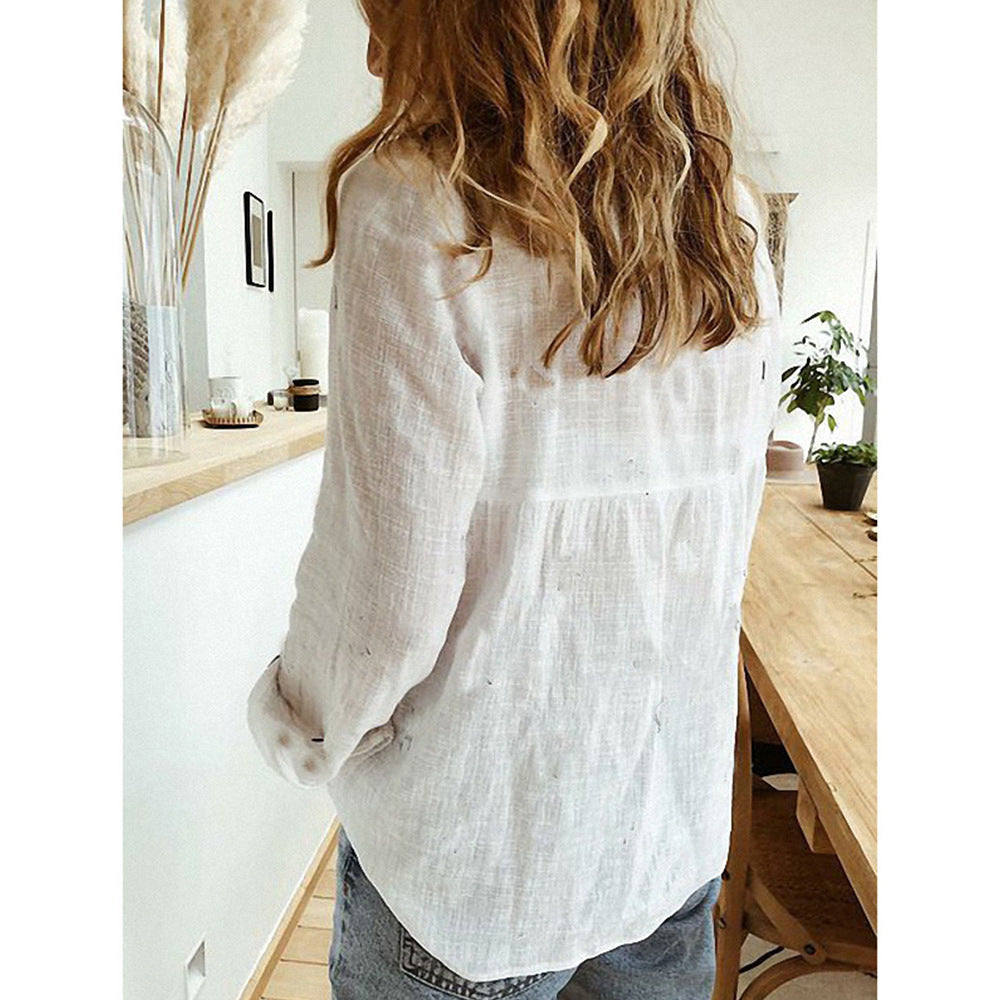 Loose Button Lapel Cardigan Top - Long Sleeve Shirt Women Blouses