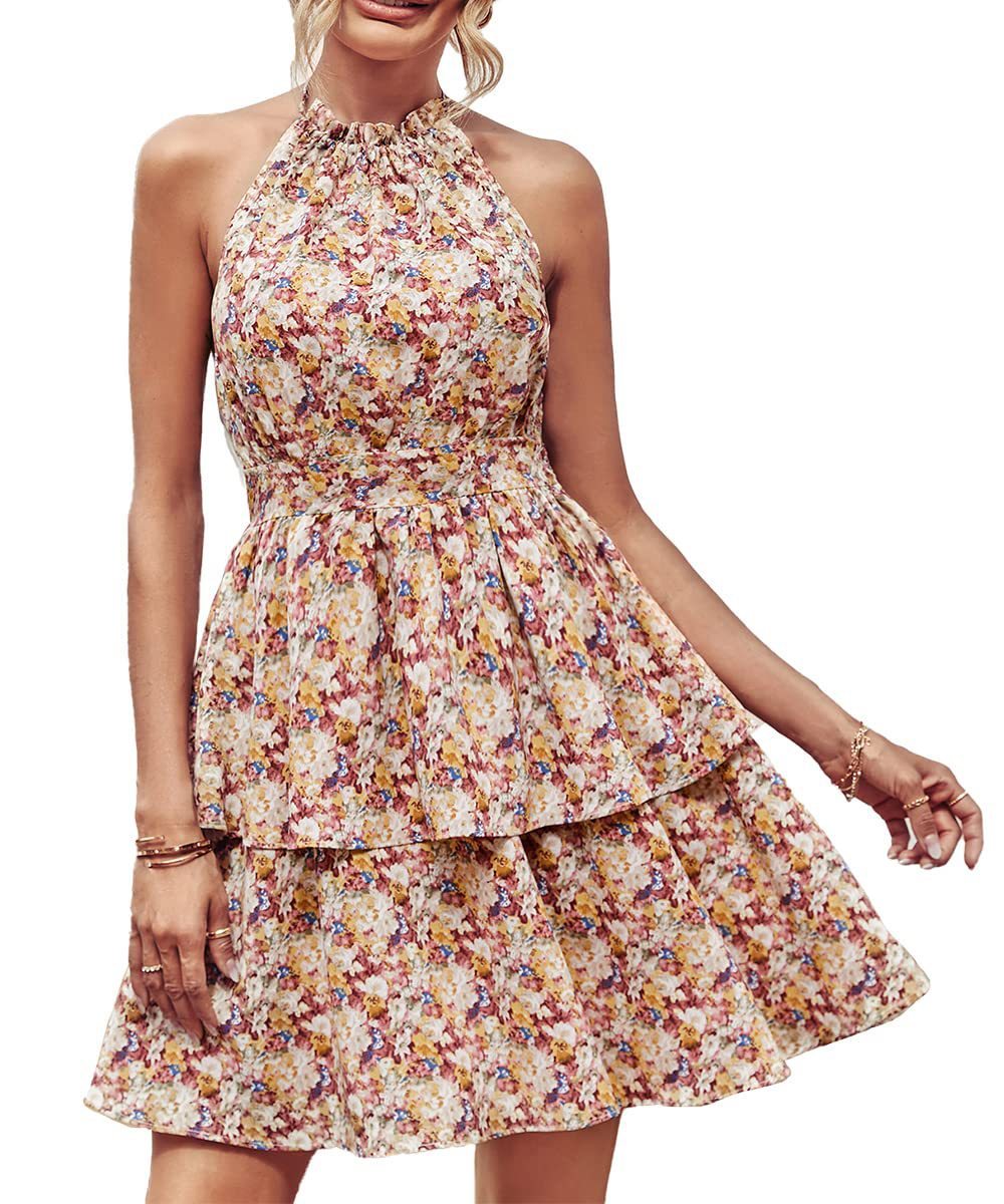 Summer Printed Halter Backless Ruffled A-Line Beach Dresses